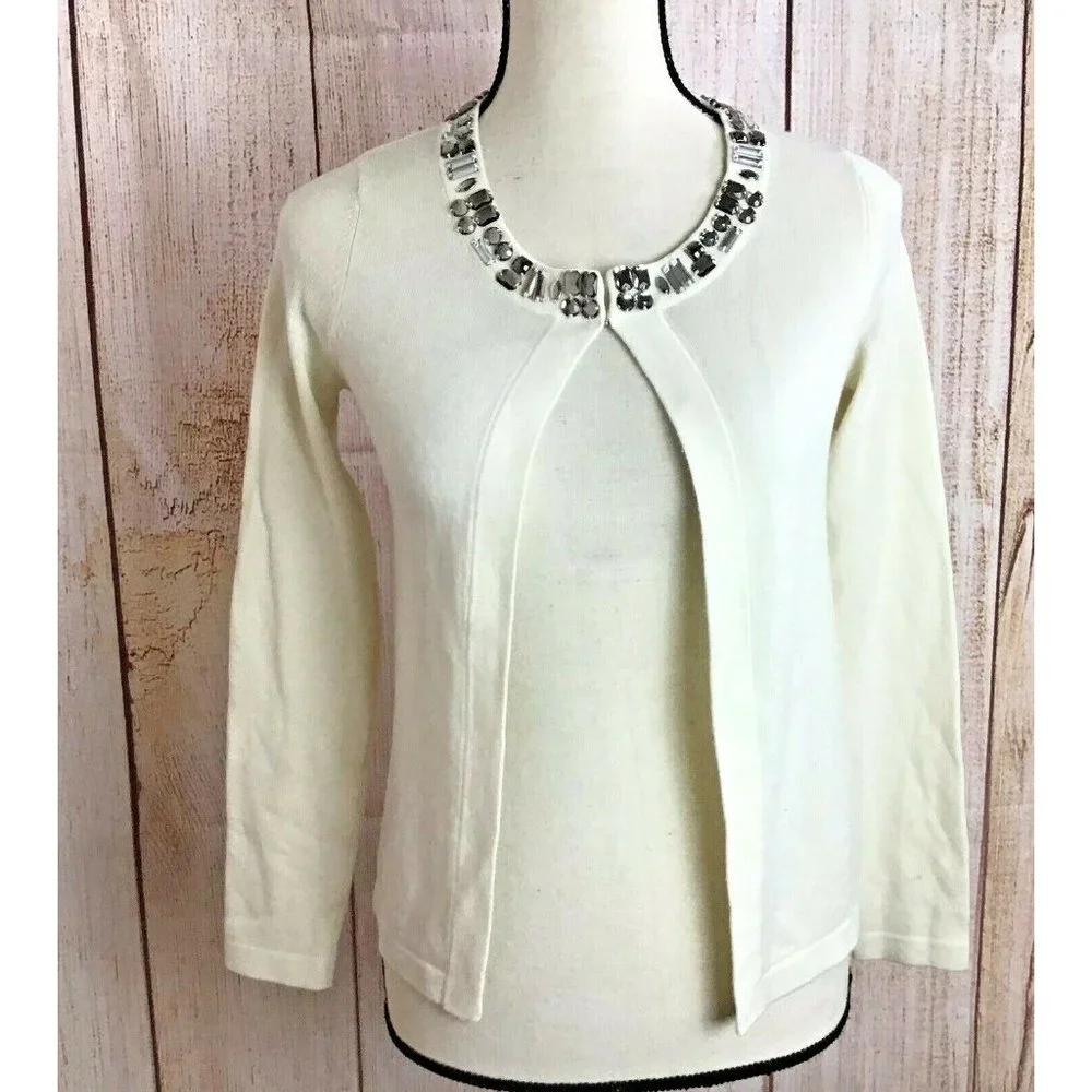Banana Republic Cardigan Sweater Sz XS Jeweled Collar Cream Color Wool Blend